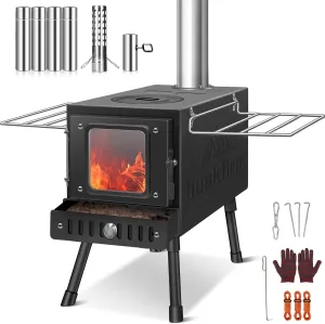 Portable Folding Wood Burning Camping Stove - Includes Chimney Pipes and Spark Arrestor for Tent Heating and Cooking
