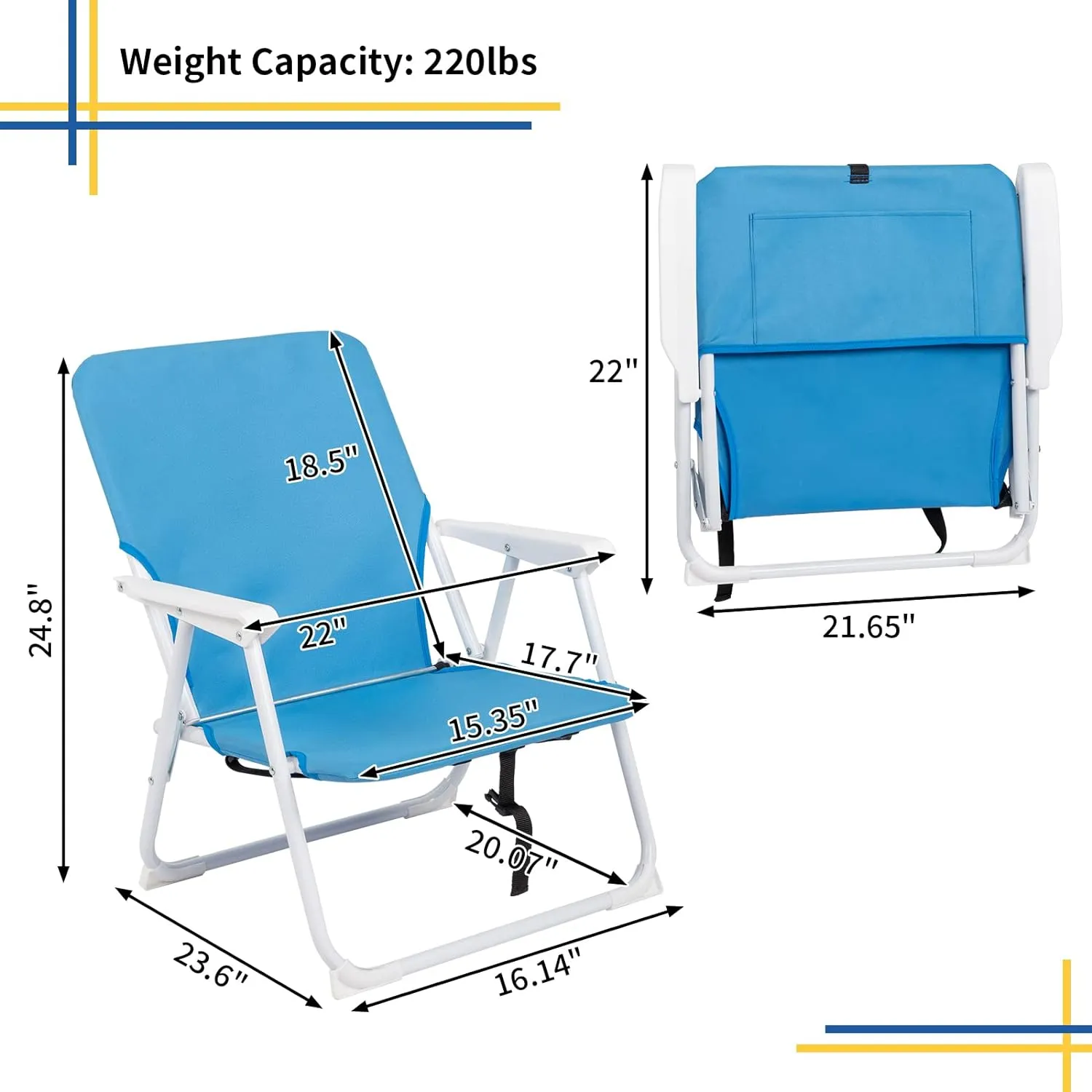 Portable Oxford Cloth Camping Lawn Chairs,Folding Beach Chair for Adults,Outdoor Patio Dining Chairs,Foldable Backpack Camping Chair,with Metal Frame,for Picnic Poolside Yard Garden Fishing (Blue)