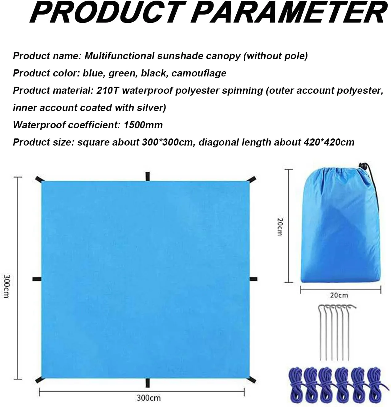 Portable Tent Tarp, PU 1500mm Waterproof, Lightweight Camping Tarp Shelter, Tarp Canopy for Camping, Backpacking and Outdoor Adventure