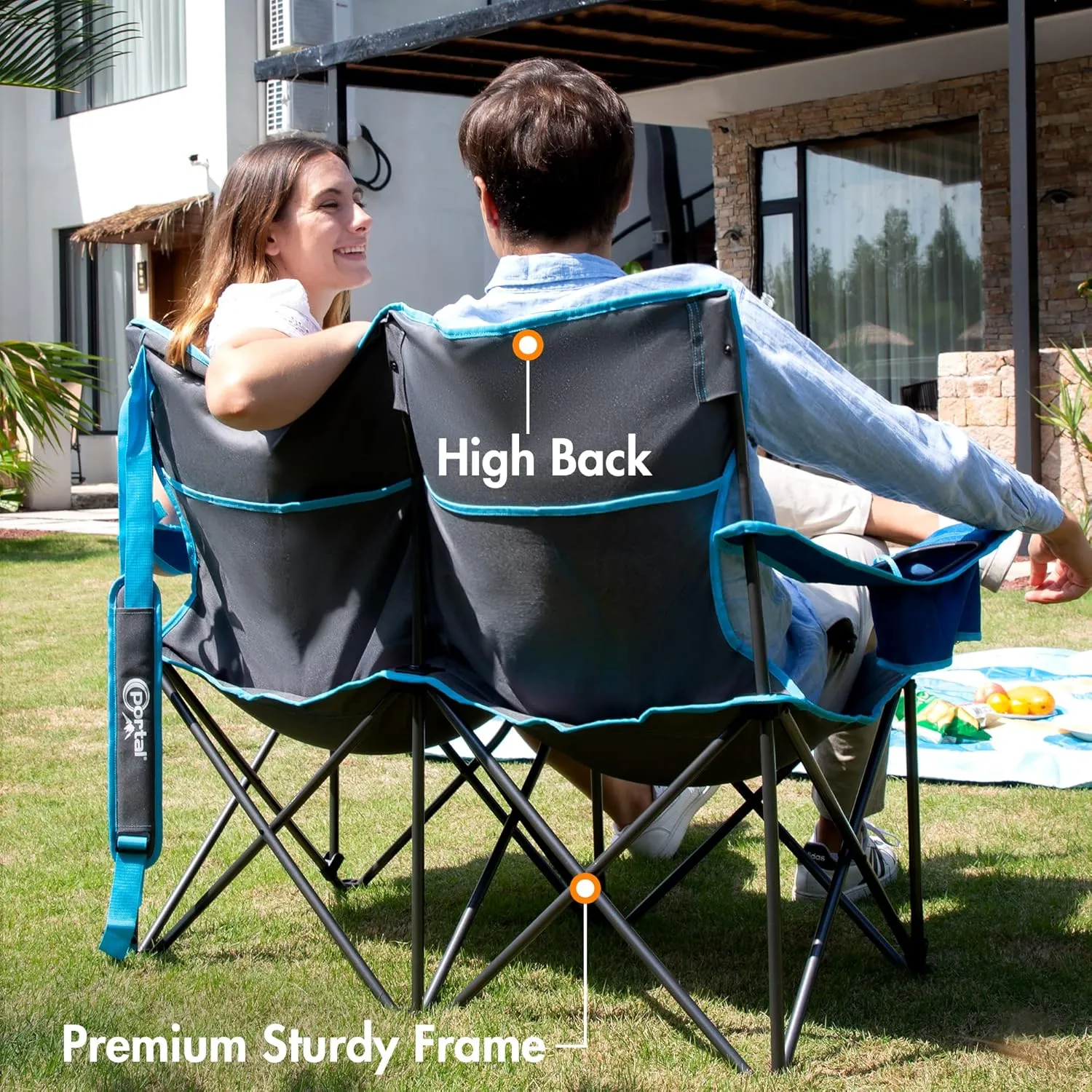 PORTAL 2 Person Camping Loveseat Folding Double Duo Camp Chair for Adults High Back Outdoor, Support 500 lbs, Blue