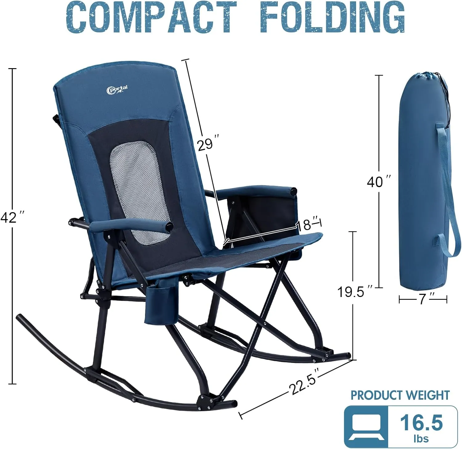PORTAL Oversized Folding Rocking Camping Chair Portable Outdoor Rocker with High Back Hard Armrests Carry Bag, Supports 400 lbs, Mesh Back