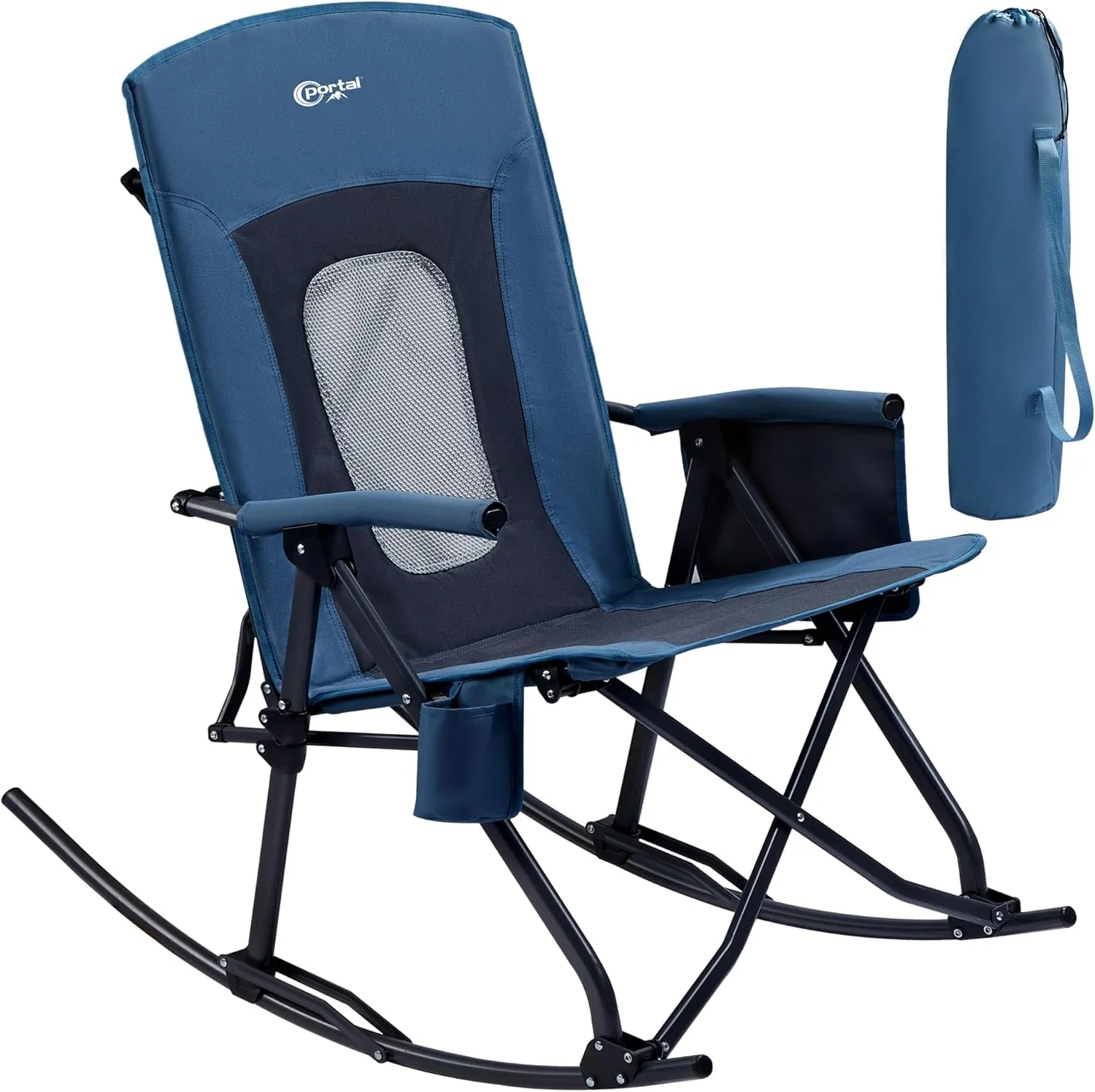 PORTAL Oversized Folding Rocking Camping Chair Portable Outdoor Rocker with High Back Hard Armrests Carry Bag, Supports 400 lbs, Mesh Back