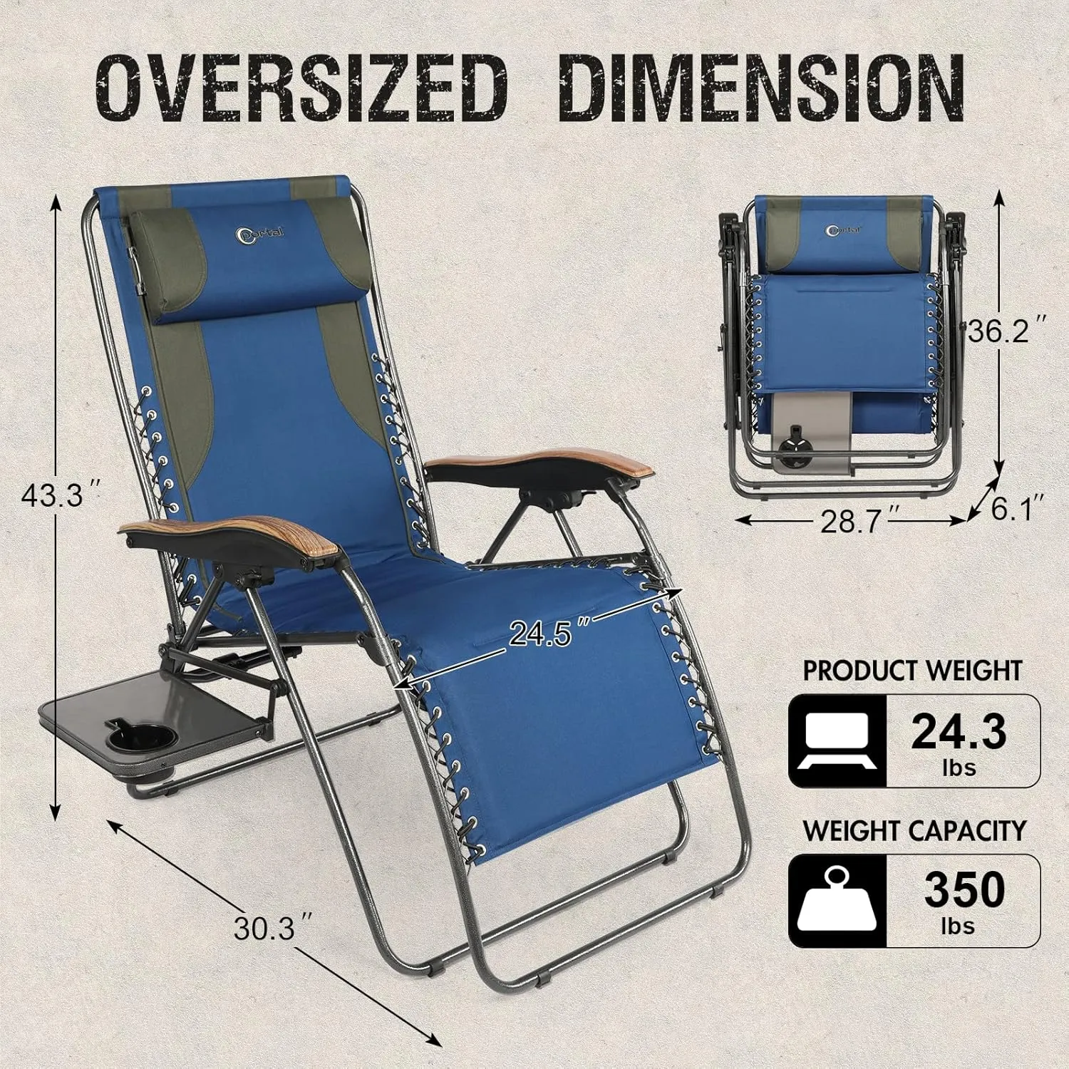 PORTAL Oversized Mesh Back Zero Gravity Reclining Patio Chairs, XL Padded Seat Folding Patio Lounge Chair with Adjustable Pillows and Cup Holder for Poolside Backyard/Lawn, Support 350lbs