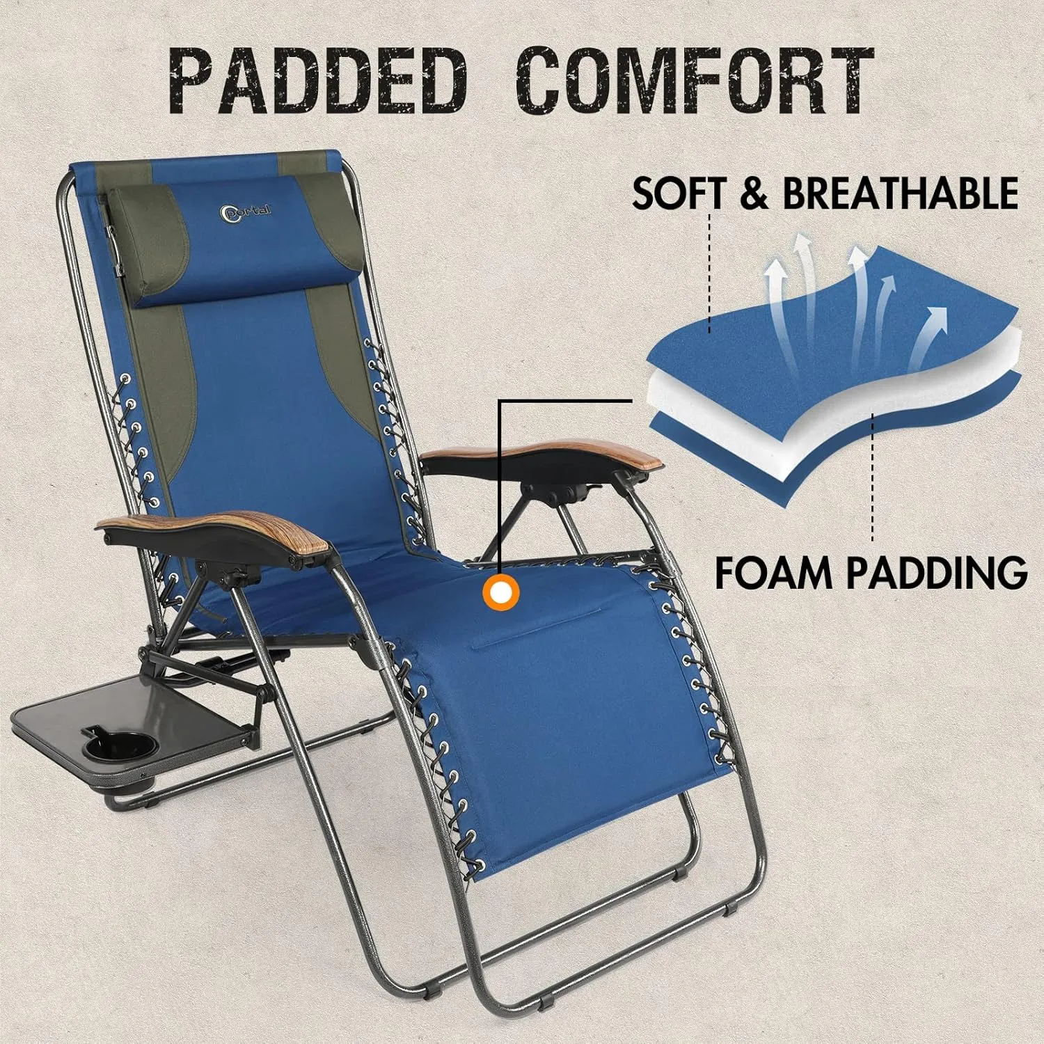 PORTAL Oversized Mesh Back Zero Gravity Reclining Patio Chairs, XL Padded Seat Folding Patio Lounge Chair with Adjustable Pillows and Cup Holder for Poolside Backyard/Lawn, Support 350lbs