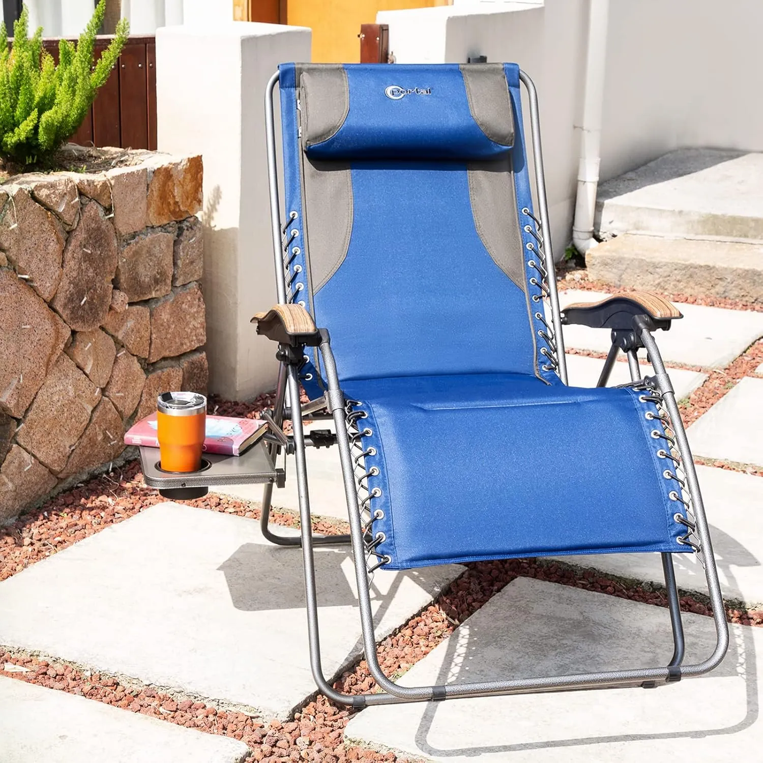 PORTAL Oversized Mesh Back Zero Gravity Reclining Patio Chairs, XL Padded Seat Folding Patio Lounge Chair with Adjustable Pillows and Cup Holder for Poolside Backyard/Lawn, Support 350lbs