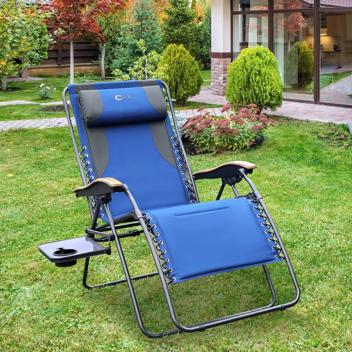 PORTAL Oversized Mesh Back Zero Gravity Reclining Patio Chairs, XL Padded Seat Folding Patio Lounge Chair with Adjustable Pillows and Cup Holder for Poolside Backyard/Lawn, Support 350lbs