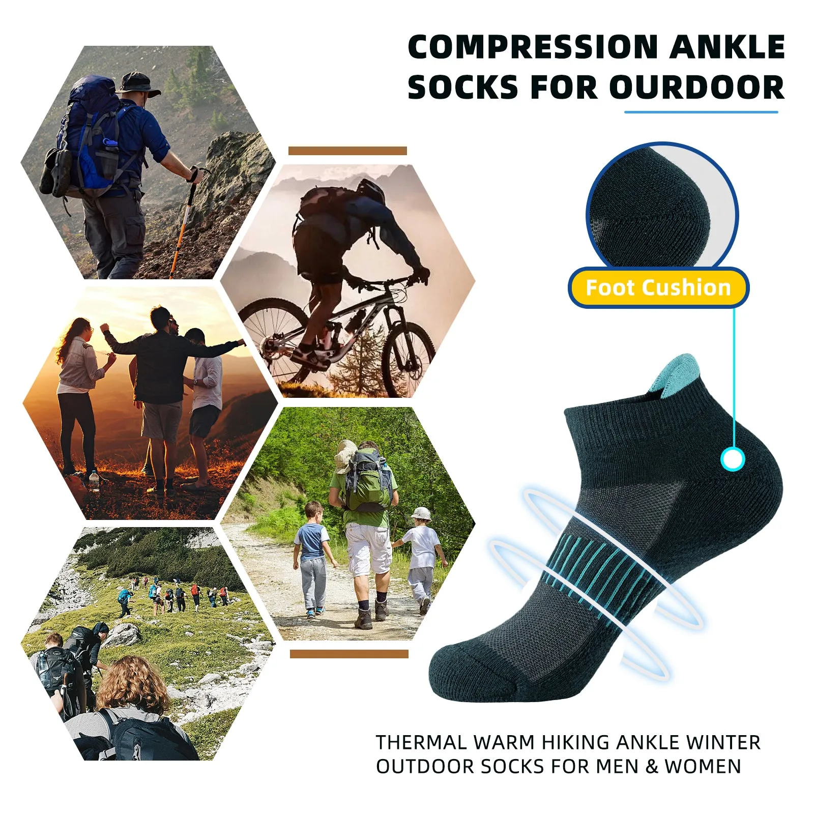 Premium Compression Socks for Men & Women – 6 Pairs Sweat Absorbing Ankle Socks for Hiking, Running, Sports – Low Cut, Cotton, Thick Support