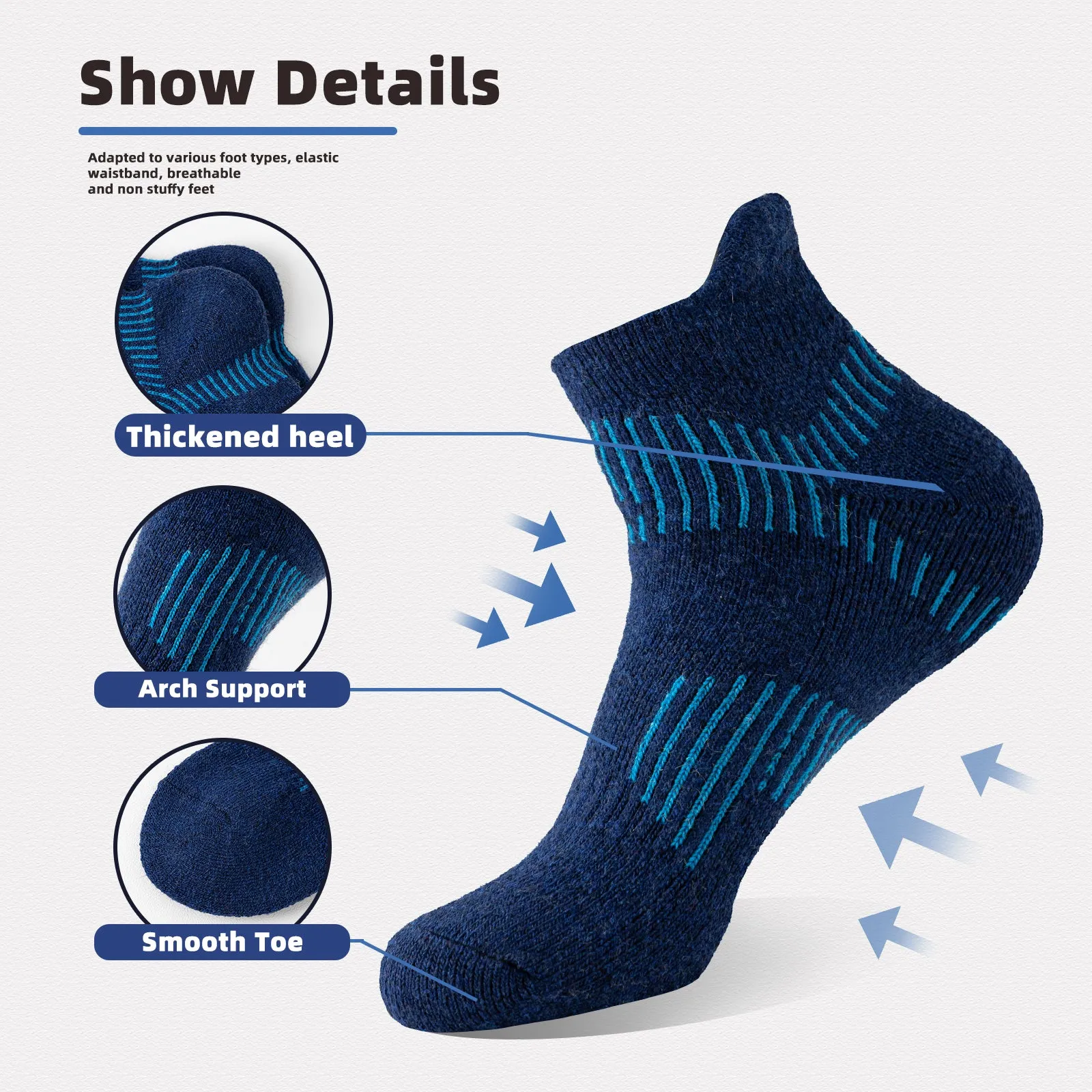 Premium Compression Socks for Men & Women – 6 Pairs Sweat Absorbing Ankle Socks for Hiking, Running, Sports – Low Cut, Cotton, Thick Support
