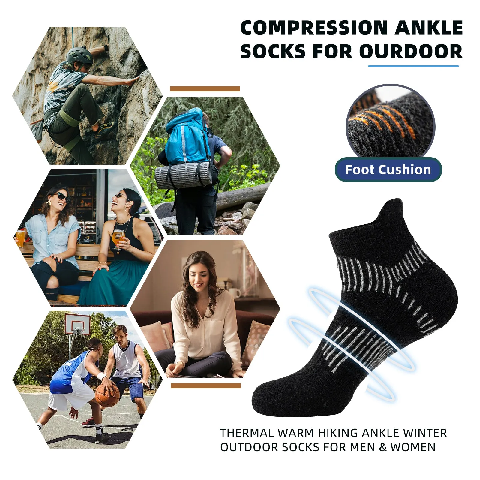 Premium Compression Socks for Men & Women – 6 Pairs Sweat Absorbing Ankle Socks for Hiking, Running, Sports – Low Cut, Cotton, Thick Support