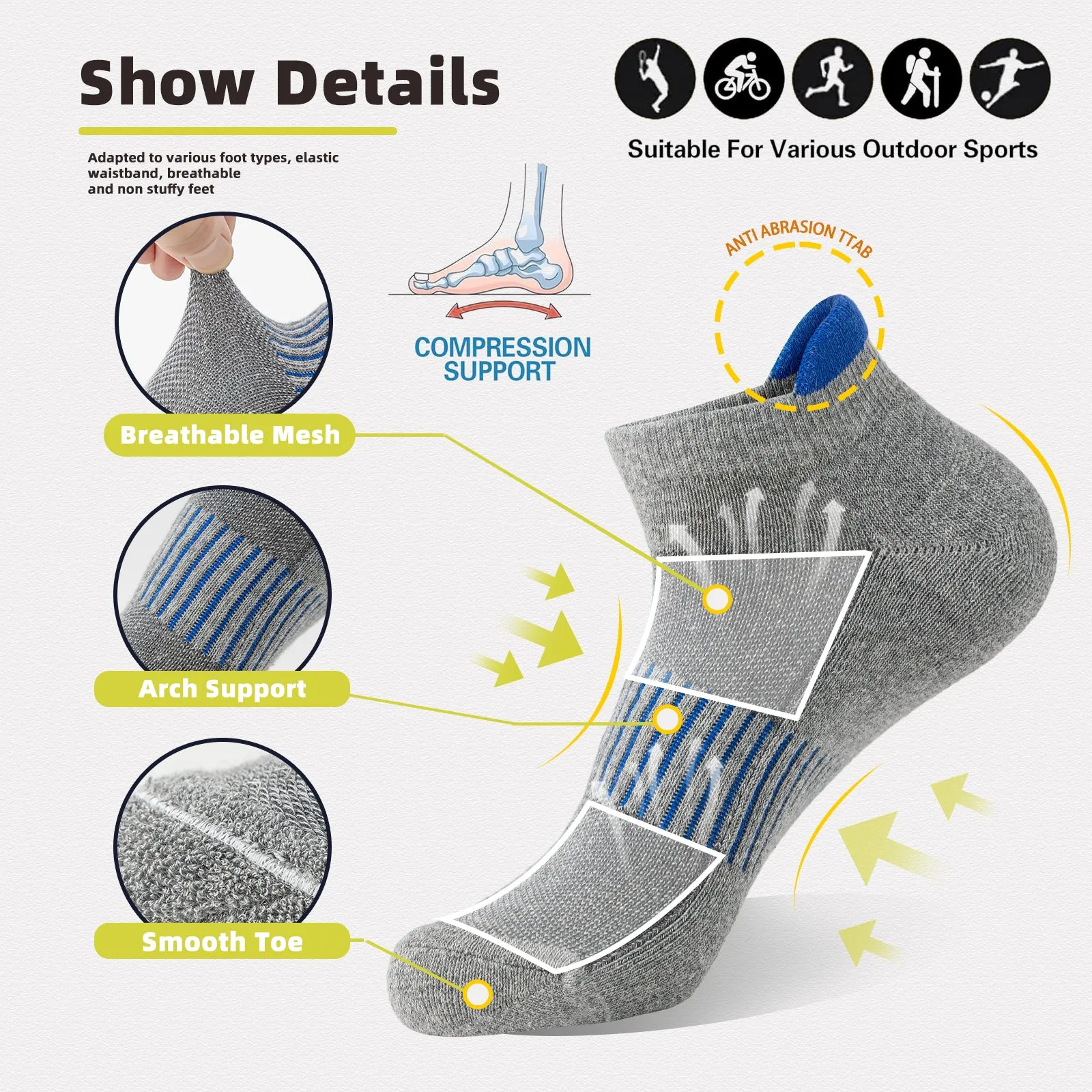Premium Compression Socks for Men & Women – 6 Pairs Sweat Absorbing Ankle Socks for Hiking, Running, Sports – Low Cut, Cotton, Thick Support