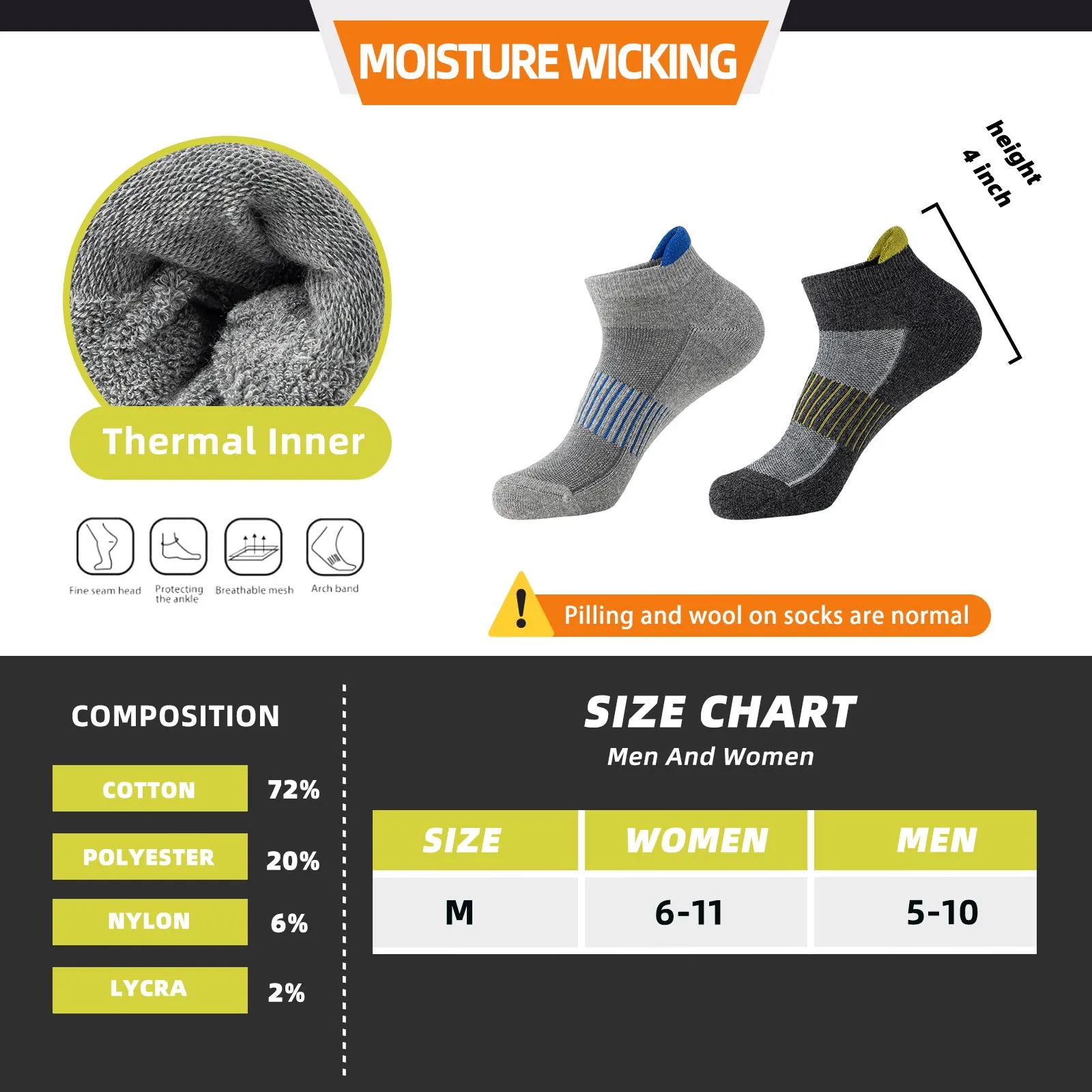 Premium Compression Socks for Men & Women – 6 Pairs Sweat Absorbing Ankle Socks for Hiking, Running, Sports – Low Cut, Cotton, Thick Support
