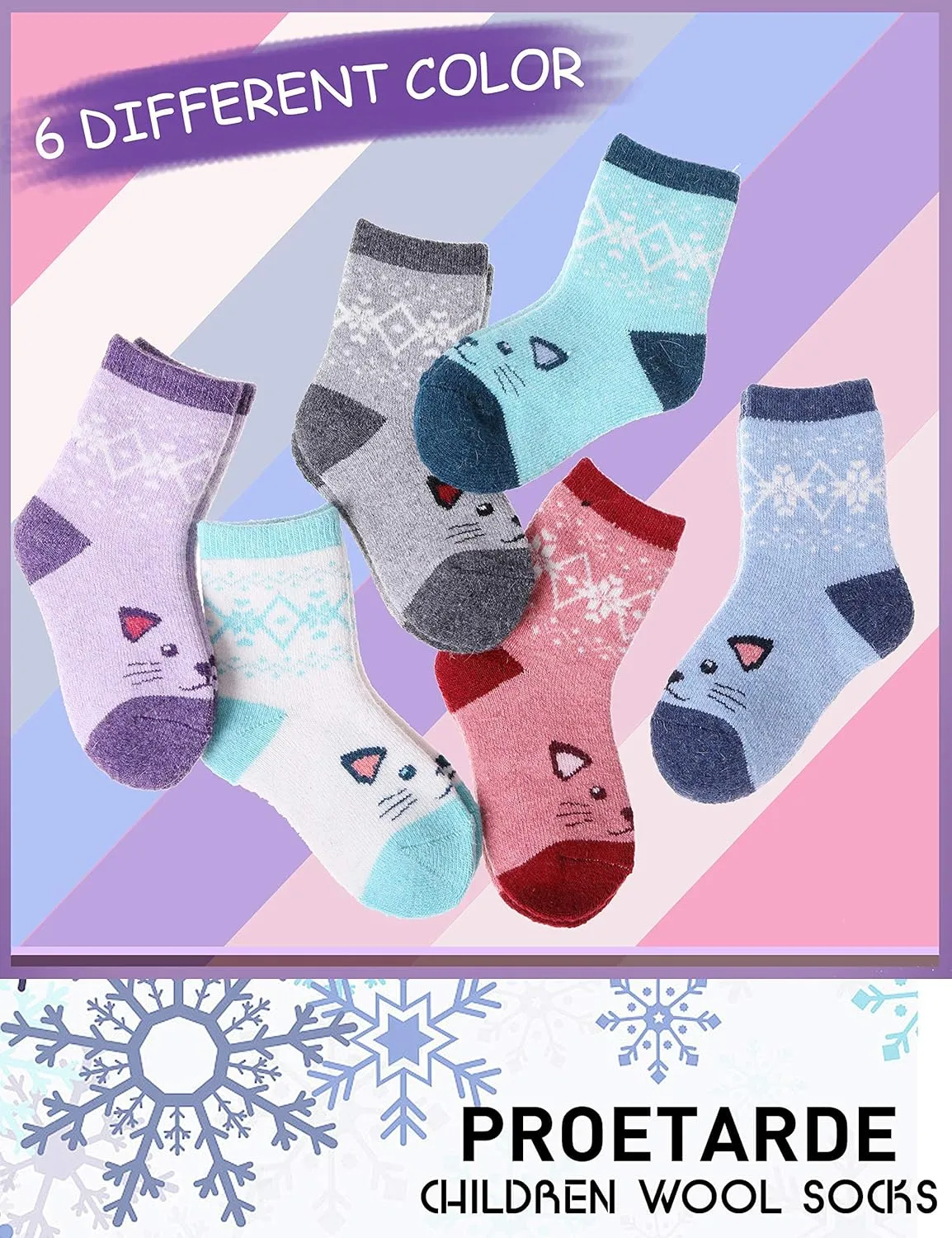 ProEtrade Merino Wool Socks for Kids Toddlers Boys Girls Thick Thermal Warm Winter Hiking Heavy Cozy Crew Socks 6 Pack