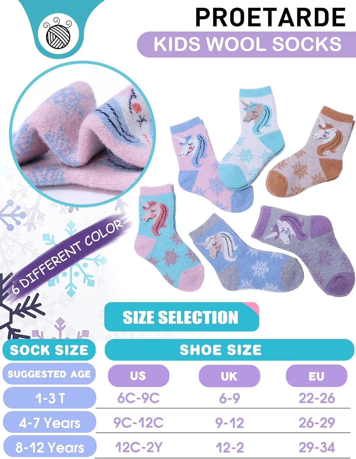 ProEtrade Merino Wool Socks for Kids Toddlers Boys Girls Thick Thermal Warm Winter Hiking Heavy Cozy Crew Socks 6 Pack