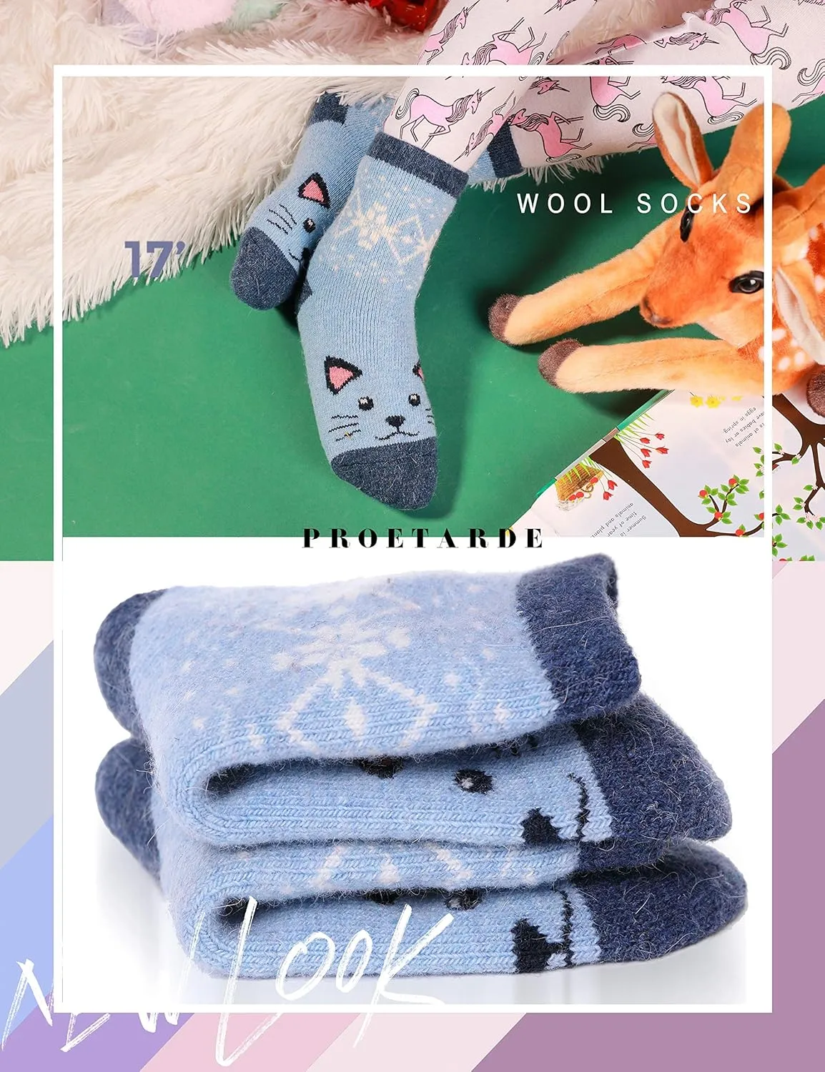 ProEtrade Merino Wool Socks for Kids Toddlers Boys Girls Thick Thermal Warm Winter Hiking Heavy Cozy Crew Socks 6 Pack