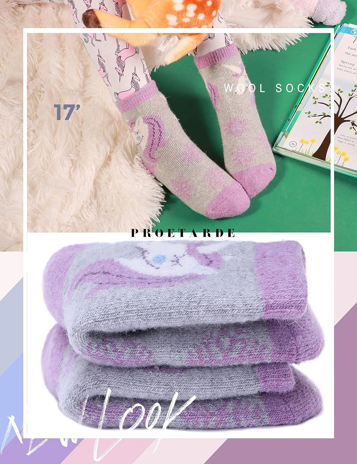 ProEtrade Merino Wool Socks for Kids Toddlers Boys Girls Thick Thermal Warm Winter Hiking Heavy Cozy Crew Socks 6 Pack