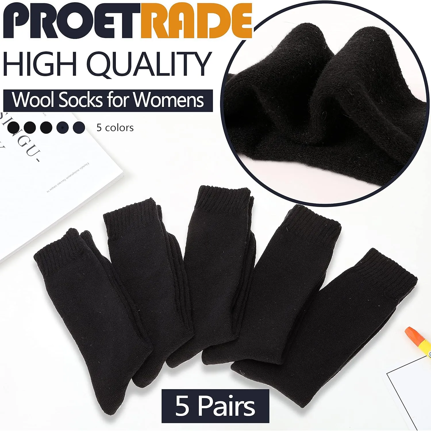 ProEtrade Merino Wool Socks Thermal Warm Winter Thick Hiking Boot Cozy Crew Cabin Comfy for Womens Ladies Work Socks 5 Pack