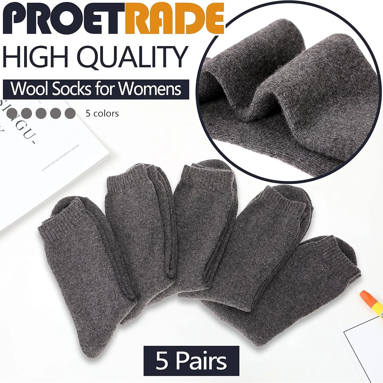 ProEtrade Merino Wool Socks Thermal Warm Winter Thick Hiking Boot Cozy Crew Cabin Comfy for Womens Ladies Work Socks 5 Pack