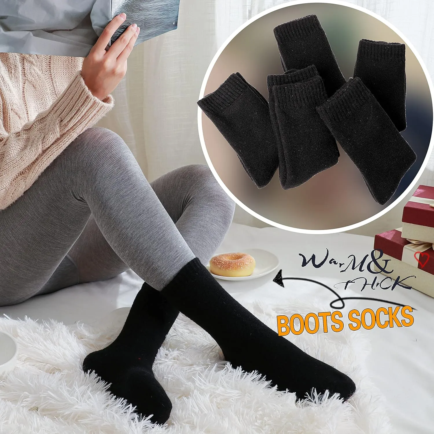 ProEtrade Merino Wool Socks Thermal Warm Winter Thick Hiking Boot Cozy Crew Cabin Comfy for Womens Ladies Work Socks 5 Pack