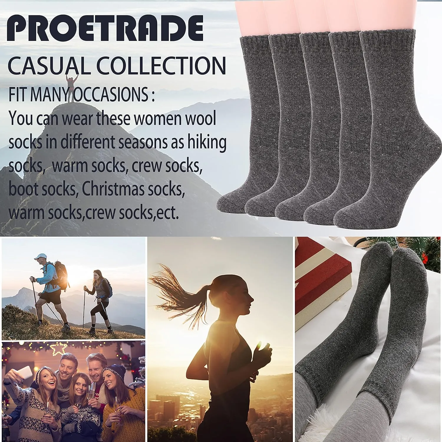 ProEtrade Merino Wool Socks Thermal Warm Winter Thick Hiking Boot Cozy Crew Cabin Comfy for Womens Ladies Work Socks 5 Pack