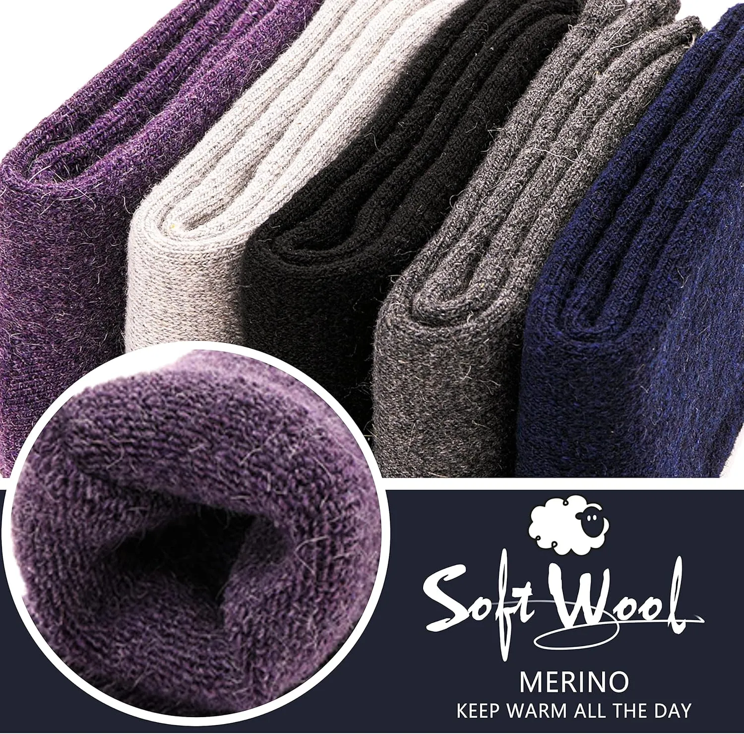 ProEtrade Merino Wool Socks Thermal Warm Winter Thick Hiking Boot Cozy Crew Cabin Comfy for Womens Ladies Work Socks 5 Pack