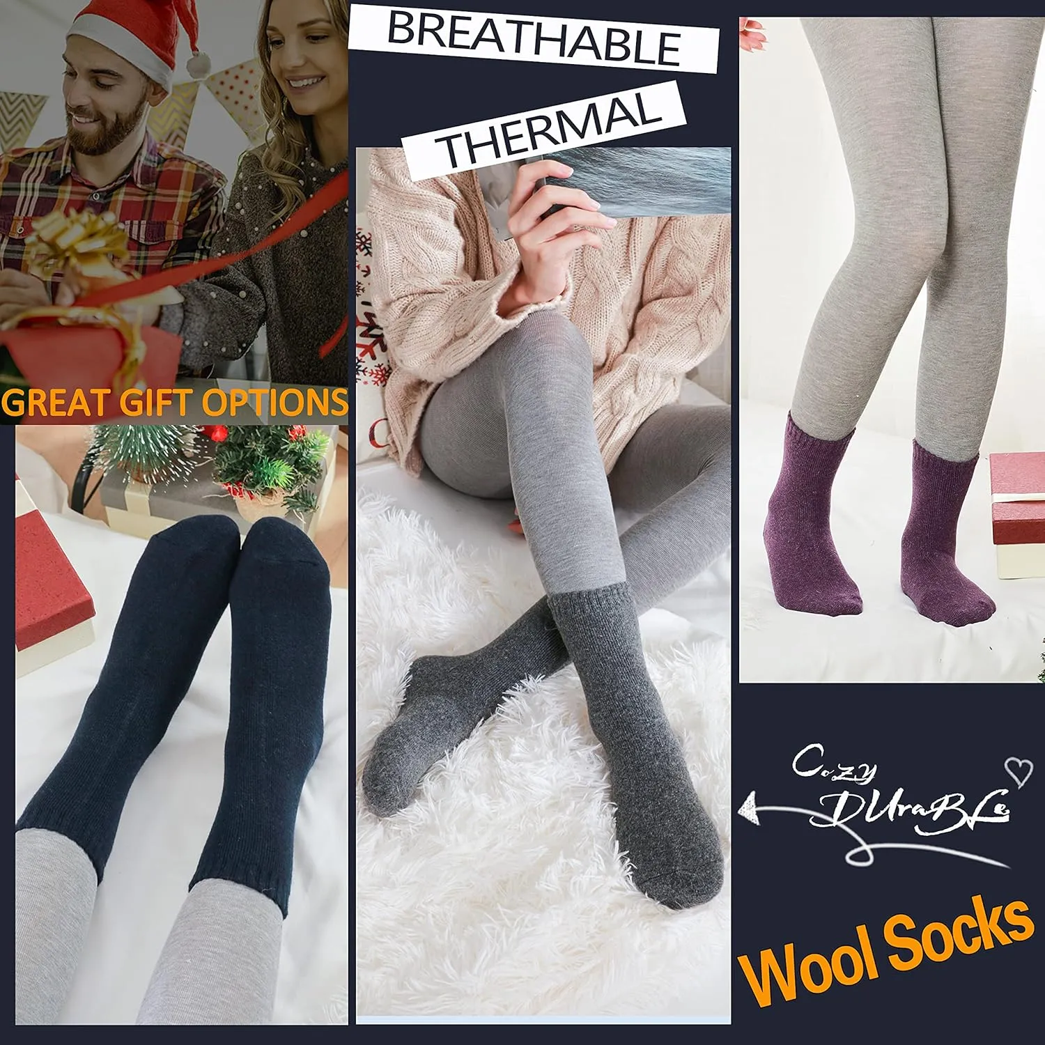 ProEtrade Merino Wool Socks Thermal Warm Winter Thick Hiking Boot Cozy Crew Cabin Comfy for Womens Ladies Work Socks 5 Pack