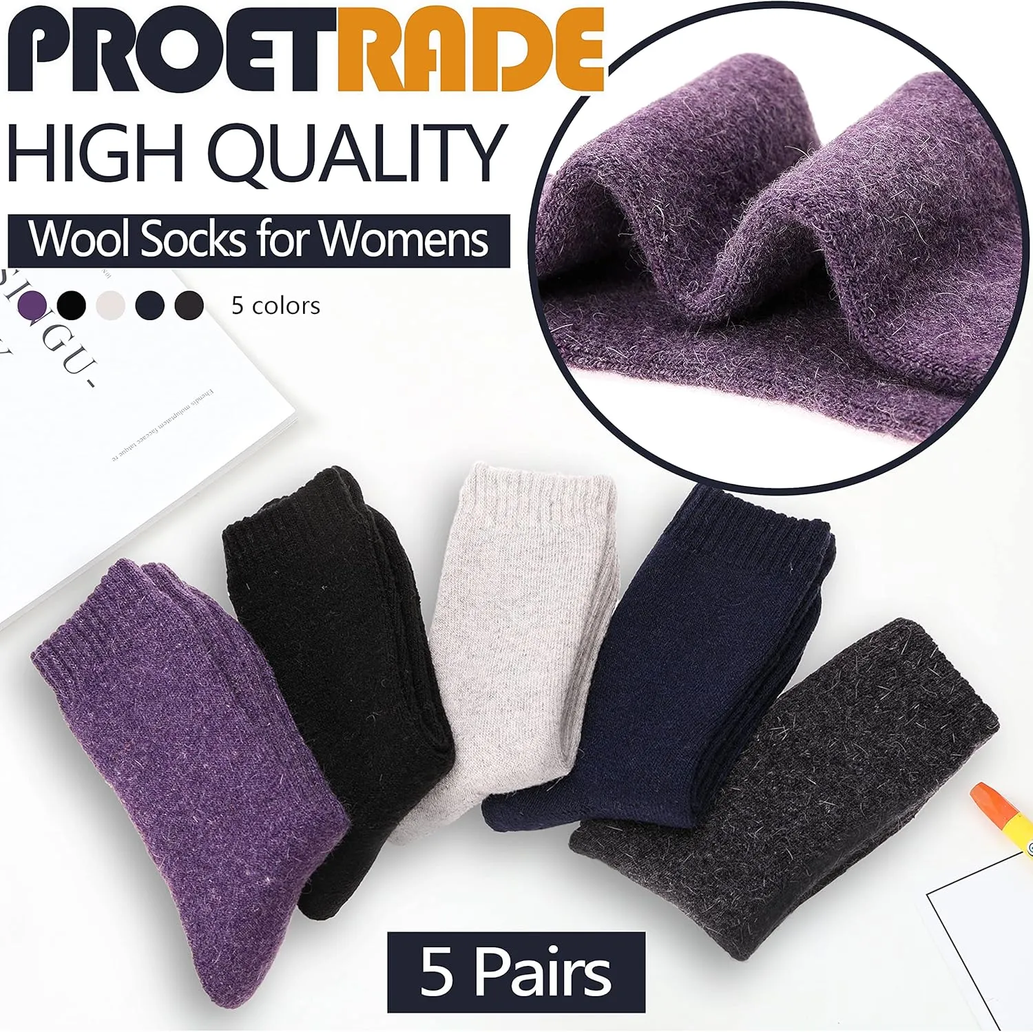 ProEtrade Merino Wool Socks Thermal Warm Winter Thick Hiking Boot Cozy Crew Cabin Comfy for Womens Ladies Work Socks 5 Pack