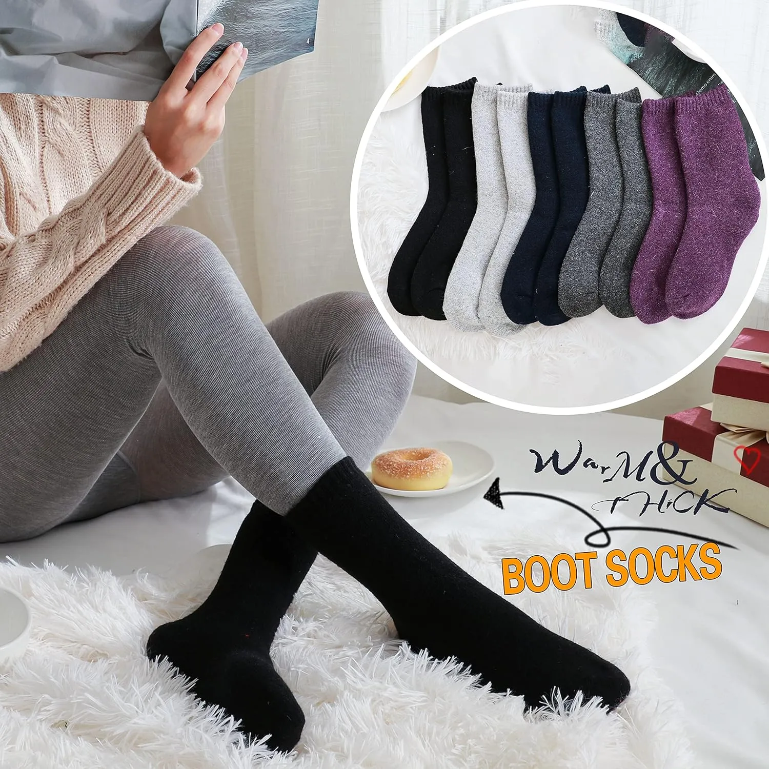 ProEtrade Merino Wool Socks Thermal Warm Winter Thick Hiking Boot Cozy Crew Cabin Comfy for Womens Ladies Work Socks 5 Pack