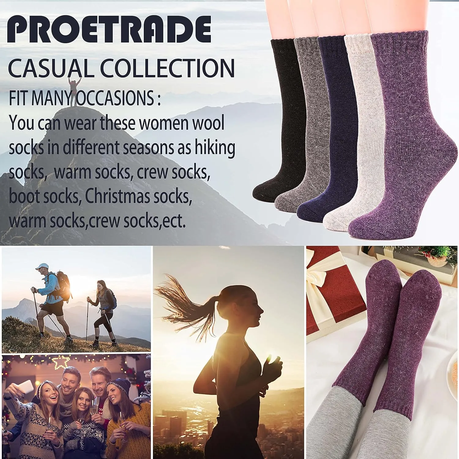 ProEtrade Merino Wool Socks Thermal Warm Winter Thick Hiking Boot Cozy Crew Cabin Comfy for Womens Ladies Work Socks 5 Pack