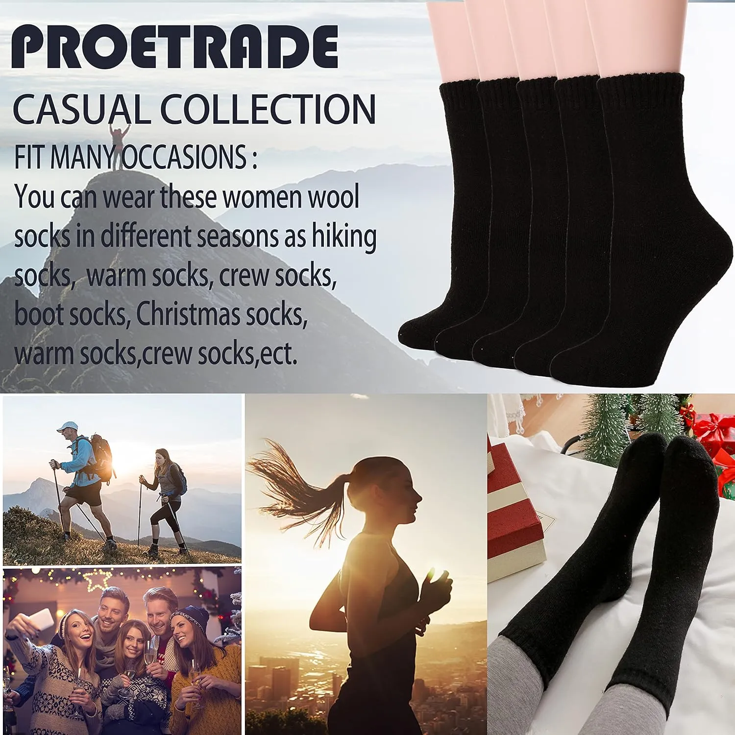 ProEtrade Merino Wool Socks Thermal Warm Winter Thick Hiking Boot Cozy Crew Cabin Comfy for Womens Ladies Work Socks 5 Pack