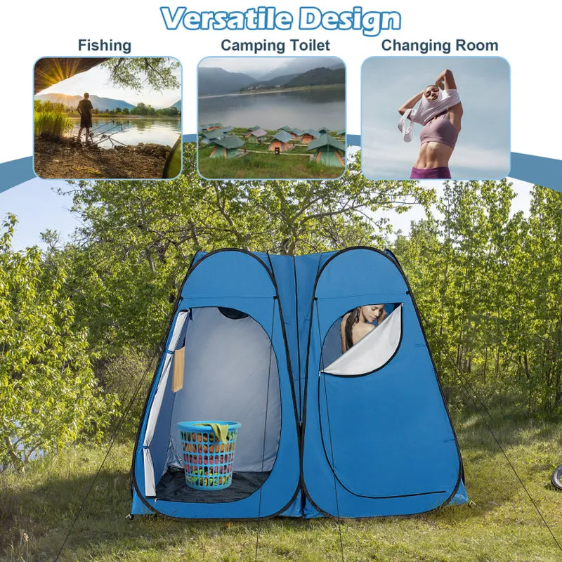 Professional title: ```Large Portable Shower Tent with Window, Floor, and Storage Pocket in Blue```
