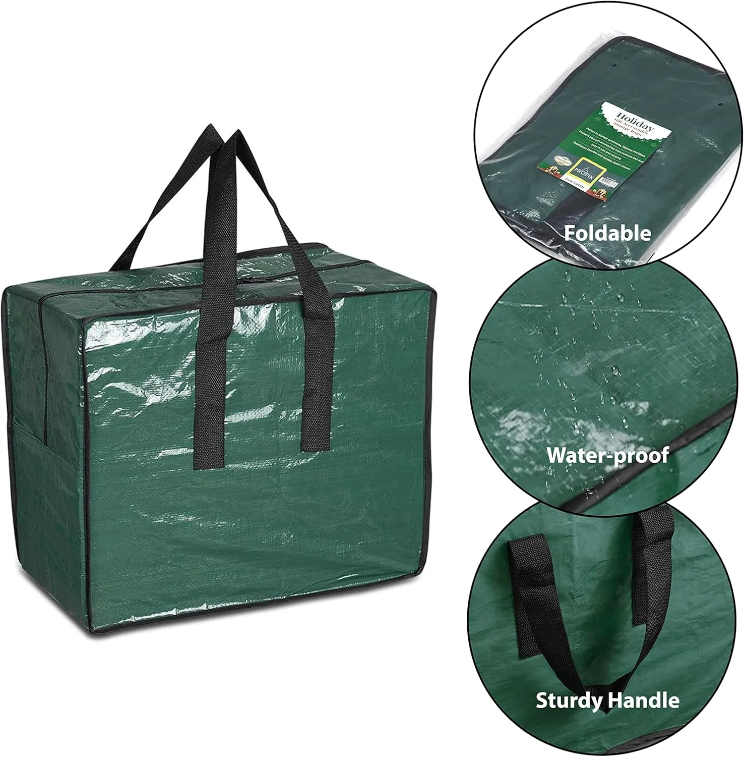 ProPik Christmas Ornaments Storage, Holiday Accessories Bag Tear-Proof Tarp 18 X 10 X 15 with Handles and Full Length Zipper (Green)