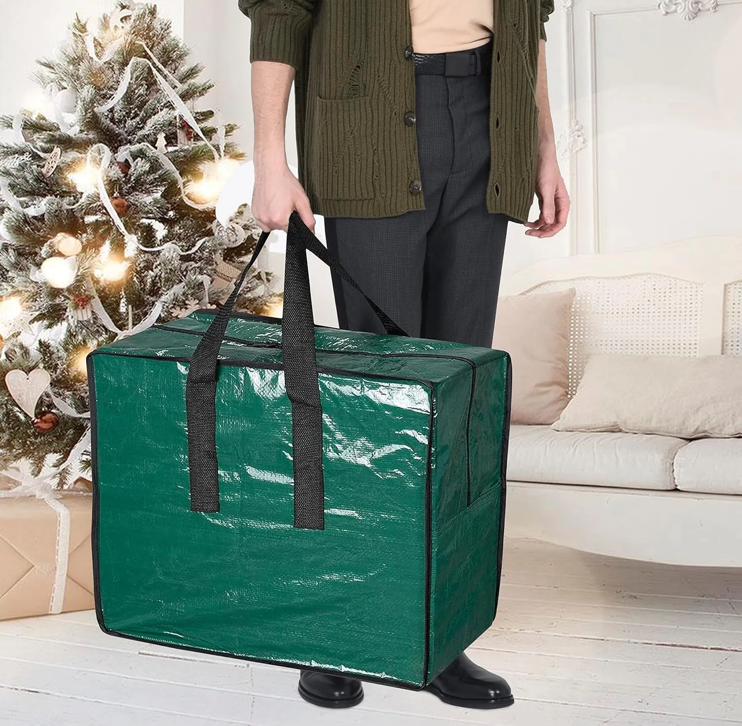 ProPik Christmas Ornaments Storage, Holiday Accessories Bag Tear-Proof Tarp 18 X 10 X 15 with Handles and Full Length Zipper (Green)