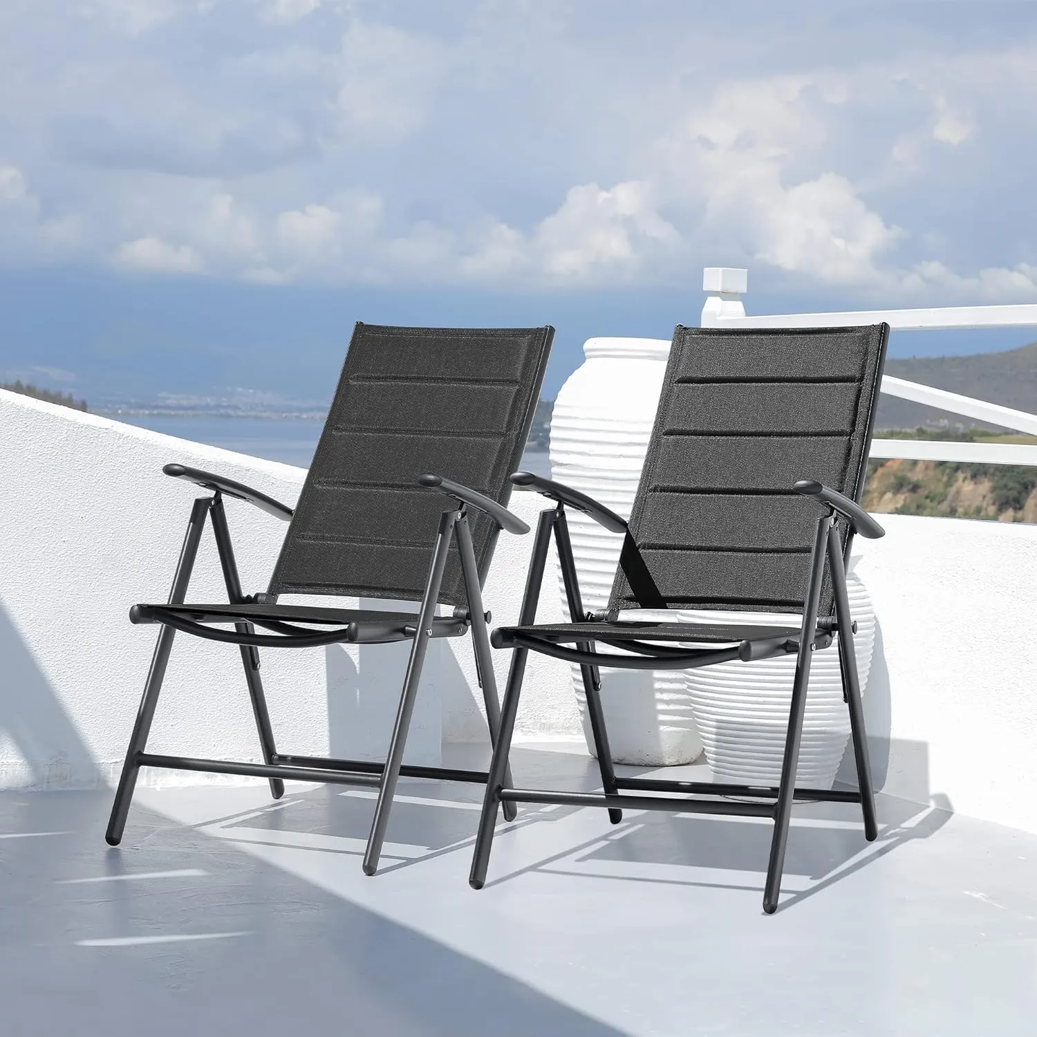 PURPLE LEAF Outdoor Patio Folding Chair Set of 2, Outdoor Reclining Camping Chairs with Soft Cotton-Padded Seat Adjustable High Backrest Portable Chairs, Black