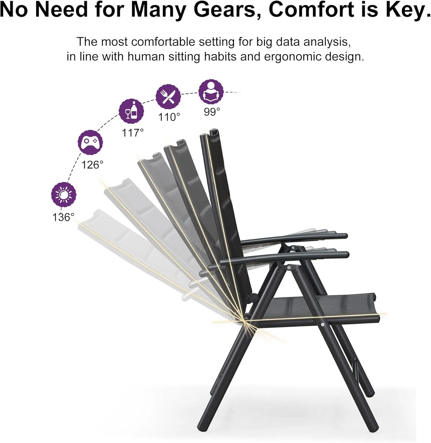 PURPLE LEAF Outdoor Patio Folding Chair Set of 2, Outdoor Reclining Camping Chairs with Soft Cotton-Padded Seat Adjustable High Backrest Portable Chairs, Black