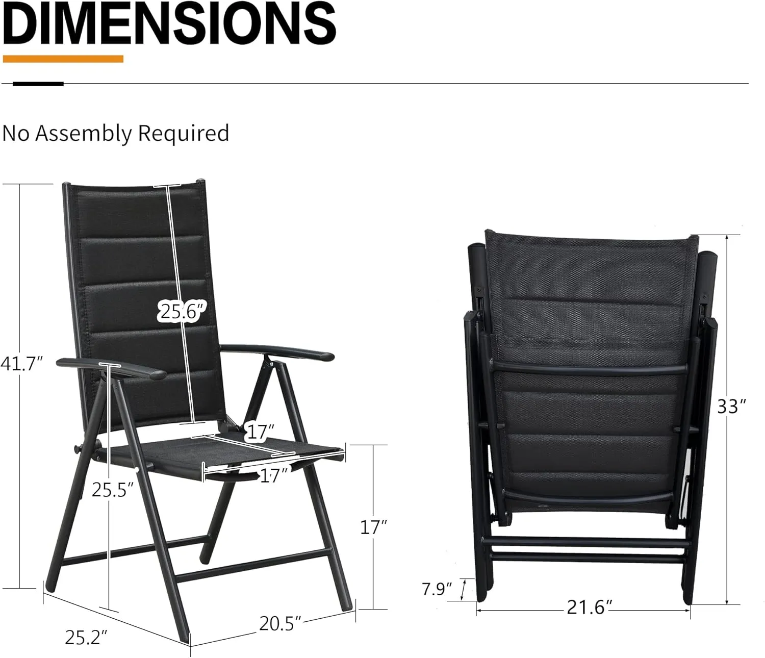 PURPLE LEAF Outdoor Patio Folding Chair Set of 2, Outdoor Reclining Camping Chairs with Soft Cotton-Padded Seat Adjustable High Backrest Portable Chairs, Black