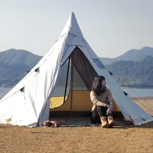 Pyramid Tent Multi-Person Family Glamping Waterproof Double Layers Teepee Tent with Stove Hole