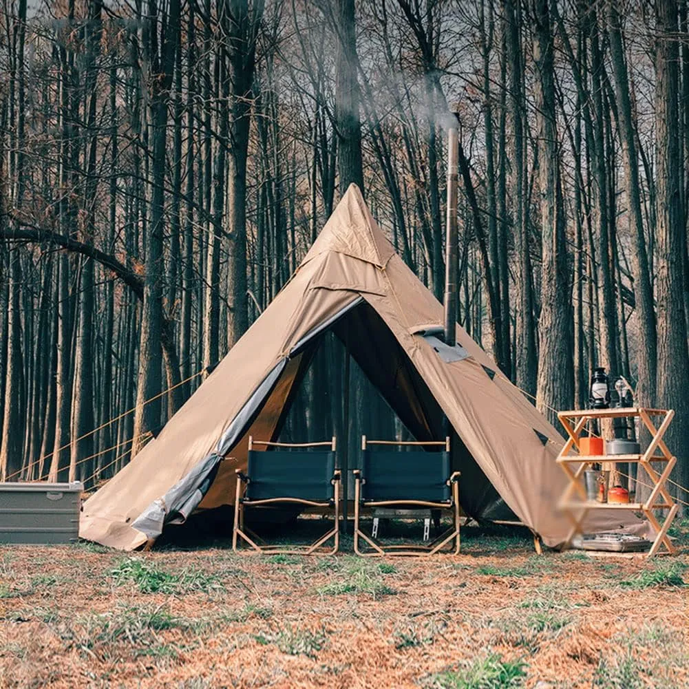 Pyramid Tent Multi-Person Family Glamping Waterproof Double Layers Teepee Tent with Stove Hole