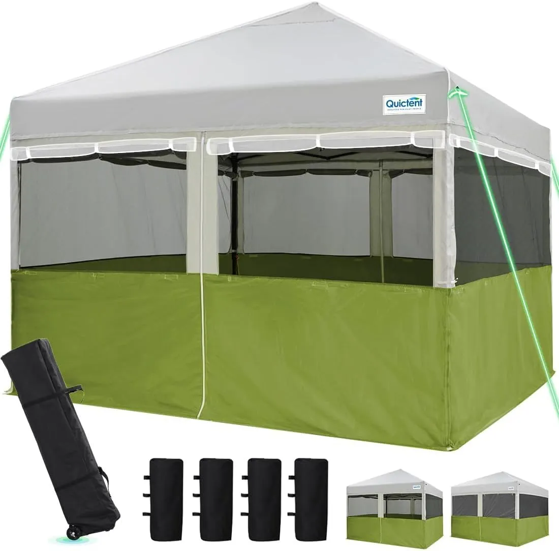 Quictent 10'x10' Pop up Canopy Tent with Sidewalls, 2 in 1 Screened Canopy with Roll-up Mesh Window Sidewalls, One Person Set up Canopy for Camping, Backyard and Outdoor Events (Green, 10'x10')