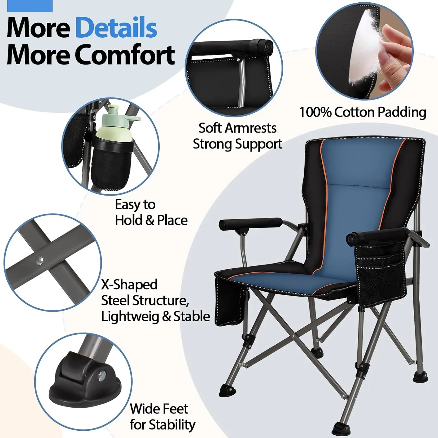 QUYUAN Camping Chair for Adult, Heavy Duty Folding Chair for 500lbs, Comfortable Lawn Chairs with Fully Padded, Compact Camp Chairs for Outdoor Sports, Fishing, Concerts, Beach (Without Heated)