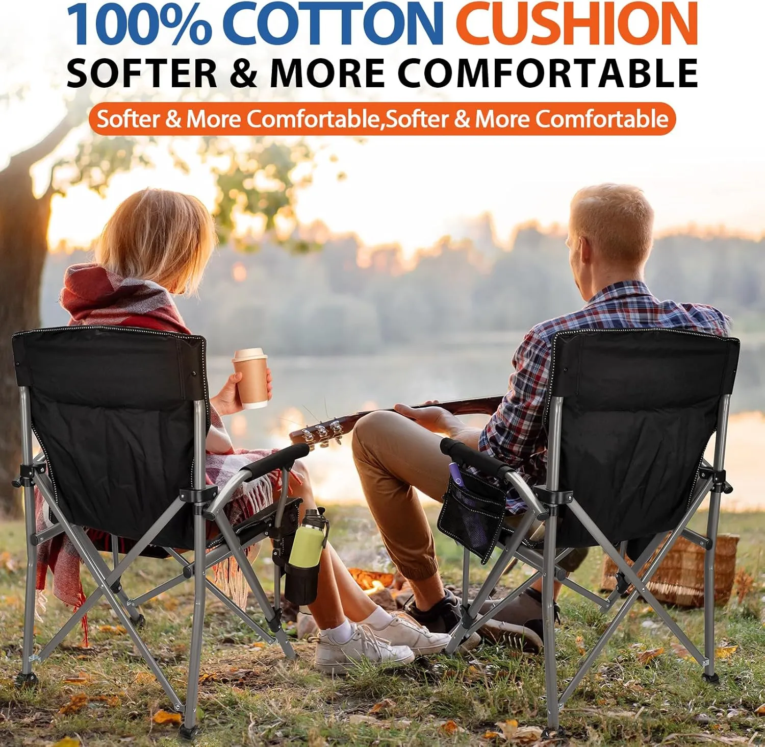 QUYUAN Camping Chair for Adult, Heavy Duty Folding Chair for 500lbs, Comfortable Lawn Chairs with Fully Padded, Compact Camp Chairs for Outdoor Sports, Fishing, Concerts, Beach (Without Heated)