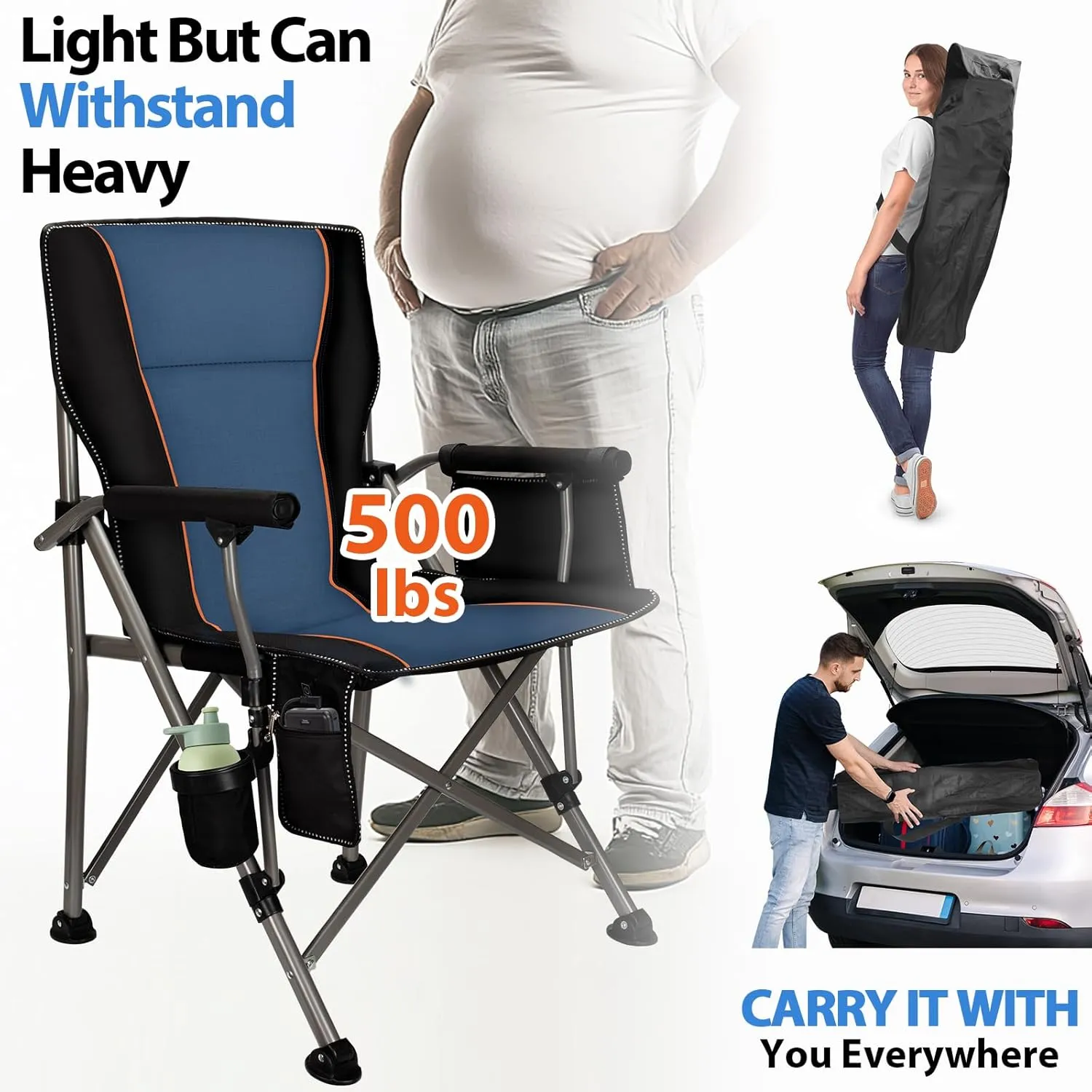 QUYUAN Camping Chair for Adult, Heavy Duty Folding Chair for 500lbs, Comfortable Lawn Chairs with Fully Padded, Compact Camp Chairs for Outdoor Sports, Fishing, Concerts, Beach (Without Heated)
