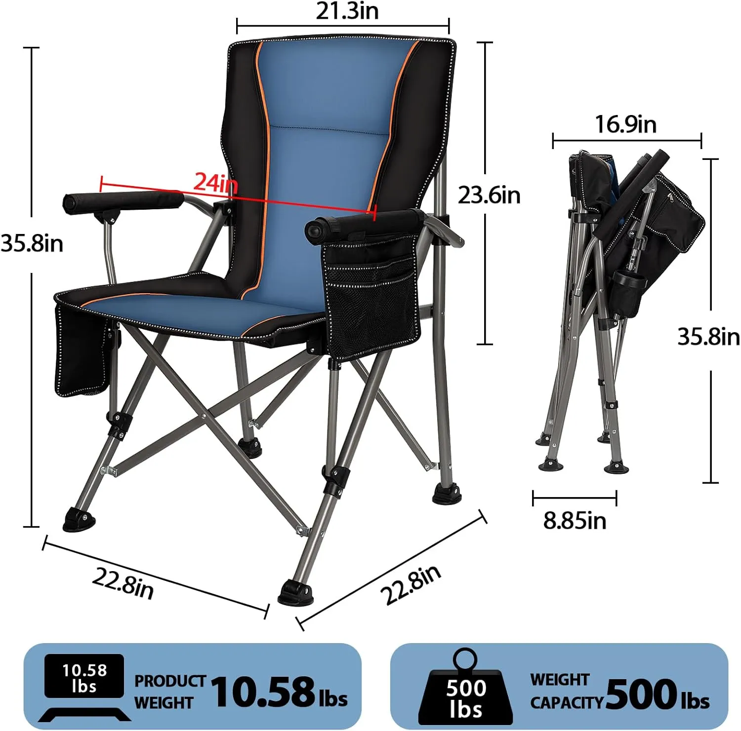 QUYUAN Camping Chair for Adult, Heavy Duty Folding Chair for 500lbs, Comfortable Lawn Chairs with Fully Padded, Compact Camp Chairs for Outdoor Sports, Fishing, Concerts, Beach (Without Heated)