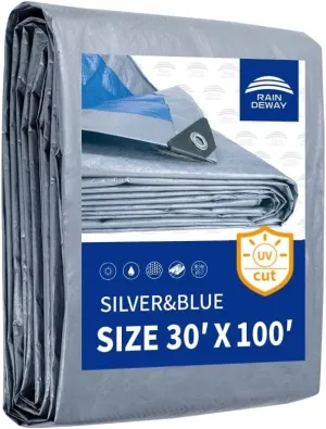 RAINDEWAY Large Tarps 30x100 Feet, 5.5 Mil - Multipurpose Waterproof Poly Tarp Cover with Metal Grommets and Reinforced Edges, Silver/Blue Tarp