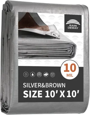 RAINDEWAY Tarps Heavy Duty Waterproof 10x10 Feet, 10Mil Multipurpose Poly Tarp Cover with Metal Grommets and Reinforced Edges, Silver/Brown Tarp