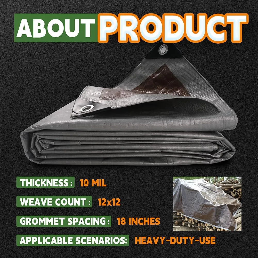 RAINDEWAY Tarps Heavy Duty Waterproof 10x14 Feet, 10Mil Multipurpose Poly Tarp Cover with Metal Grommets and Reinforced Edges, Silver/Brown Tarp by RAINDEWAY