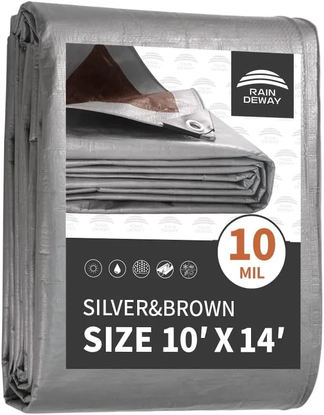 RAINDEWAY Tarps Heavy Duty Waterproof 10x14 Feet, 10Mil Multipurpose Poly Tarp Cover with Metal Grommets and Reinforced Edges, Silver/Brown Tarp by RAINDEWAY