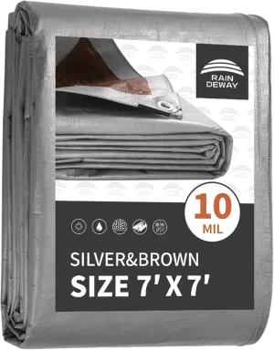 RAINDEWAY Tarps Heavy Duty Waterproof 7x7 Feet, 10Mil Multipurpose Poly Tarp Cover with Metal Grommets and Reinforced Edges, Silver/Brown Tarp
