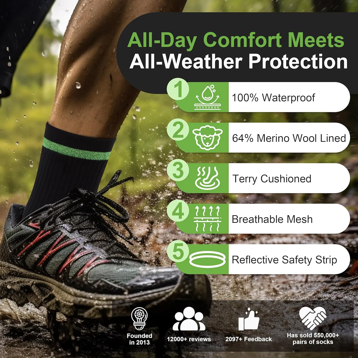 RANDY SUN Merino Wool Hiking Waterproof Socks, Unisex Breathable Multisport Crew Socks 1 Pair