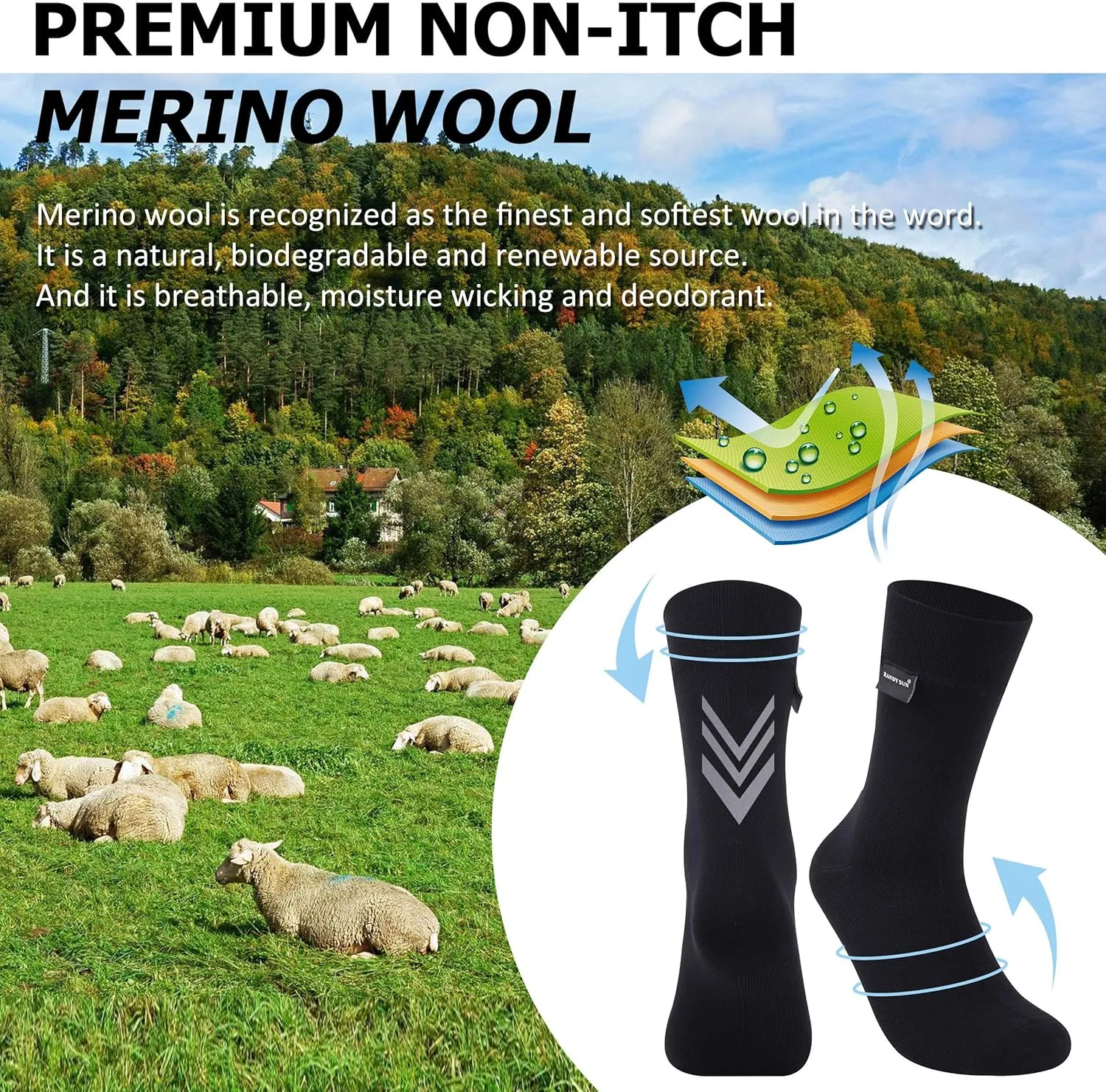 RANDY SUN Merino Wool Hiking Waterproof Socks, Unisex Lightweight Breathable Multisport Crew Socks 1 Pair
