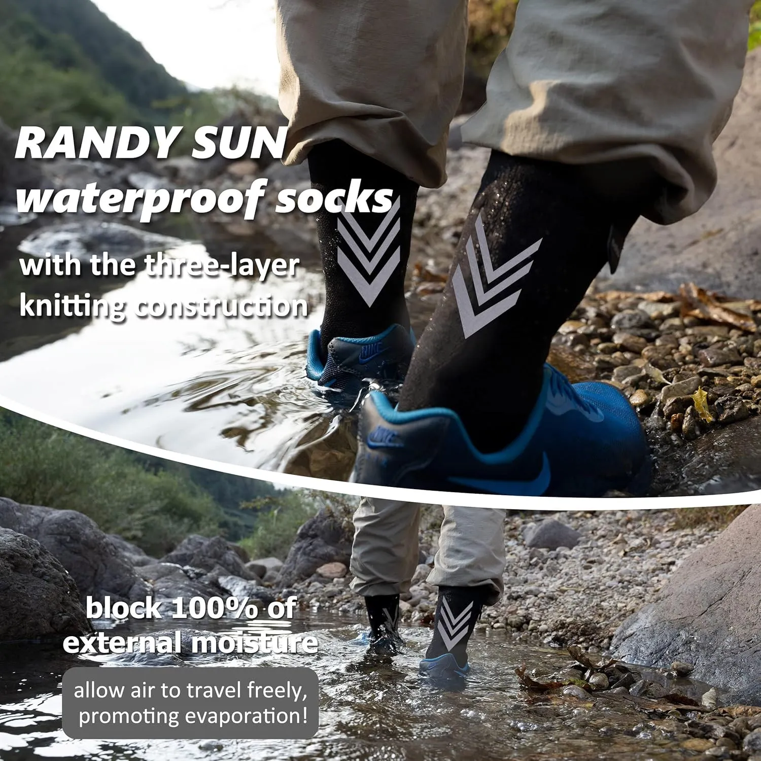 RANDY SUN Merino Wool Hiking Waterproof Socks, Unisex Lightweight Breathable Multisport Crew Socks 1 Pair